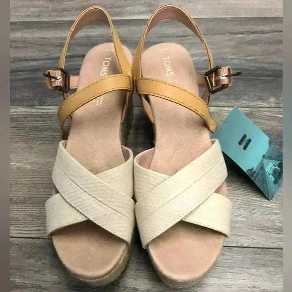 NWT TOMS Willow Espadrille Wedge Sandals Tan/Cream - Picture 4 of 6
